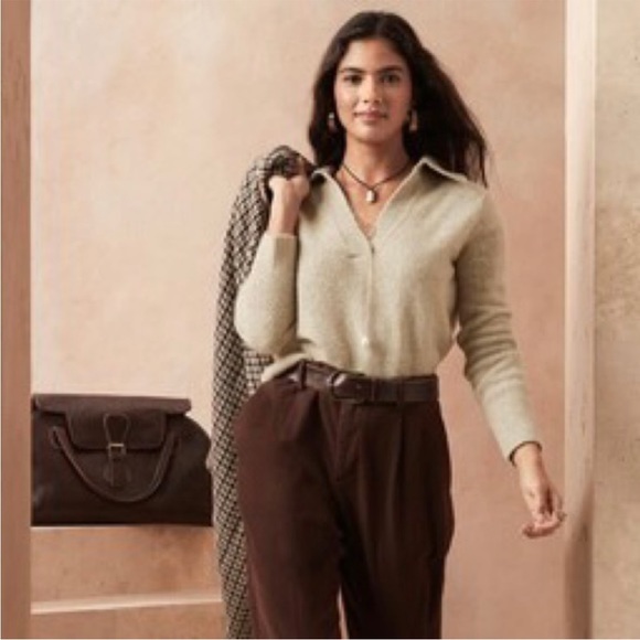 Banana Republic Johnny Collar Wool Yak Hair Chunky Knit Sweater Cream Neutral Sm - Picture 2 of 3